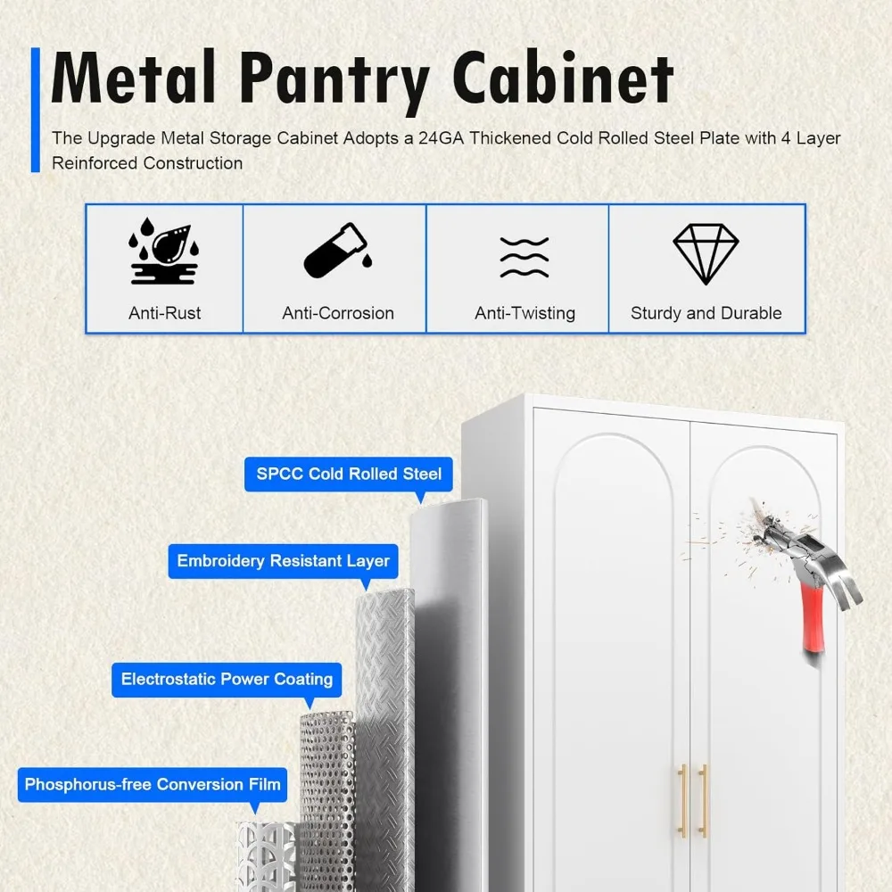 Kitchen Pantry Cabinet- 75" Tall Metal Pantry Storage Cabinet- Doors and Adjustable Shelves- Black or White - Image 6