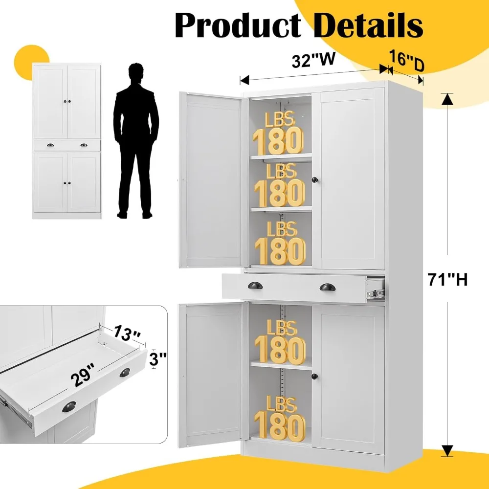 71” Food Pantry/ Storage Cabinet- White Metal Kitchen Cupboard with Doors and Adjustable Shelves - Image 2