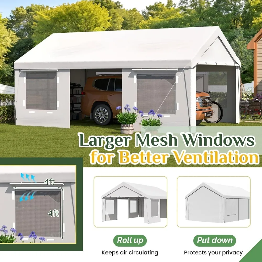 13' x 20' Heavy-duty Carport- Portable Garage with Removable Sidewalls- Shelter with Roll-Up Windows- All-Season Car Canopy - Image 5