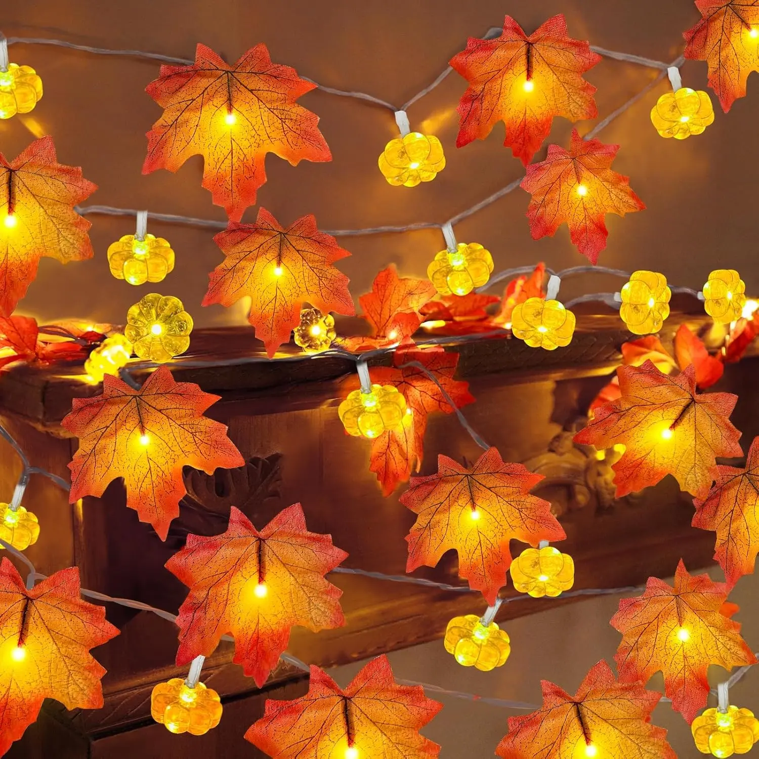 Halloween Pumpkin Maple Leaf String Lights- Artificial Autumn Leaves- LED Light String- Fall Decor - Image 3