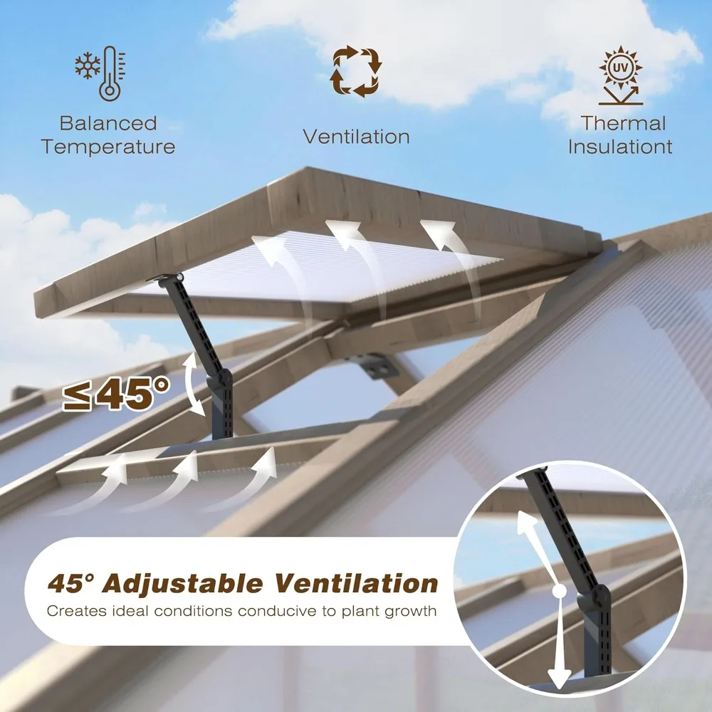 6' x10' Wood Greenhouse- Lockable Door- Cedar Frame- Adjustable Vent- 6MM Thick Polycarbonate Panels - Image 4