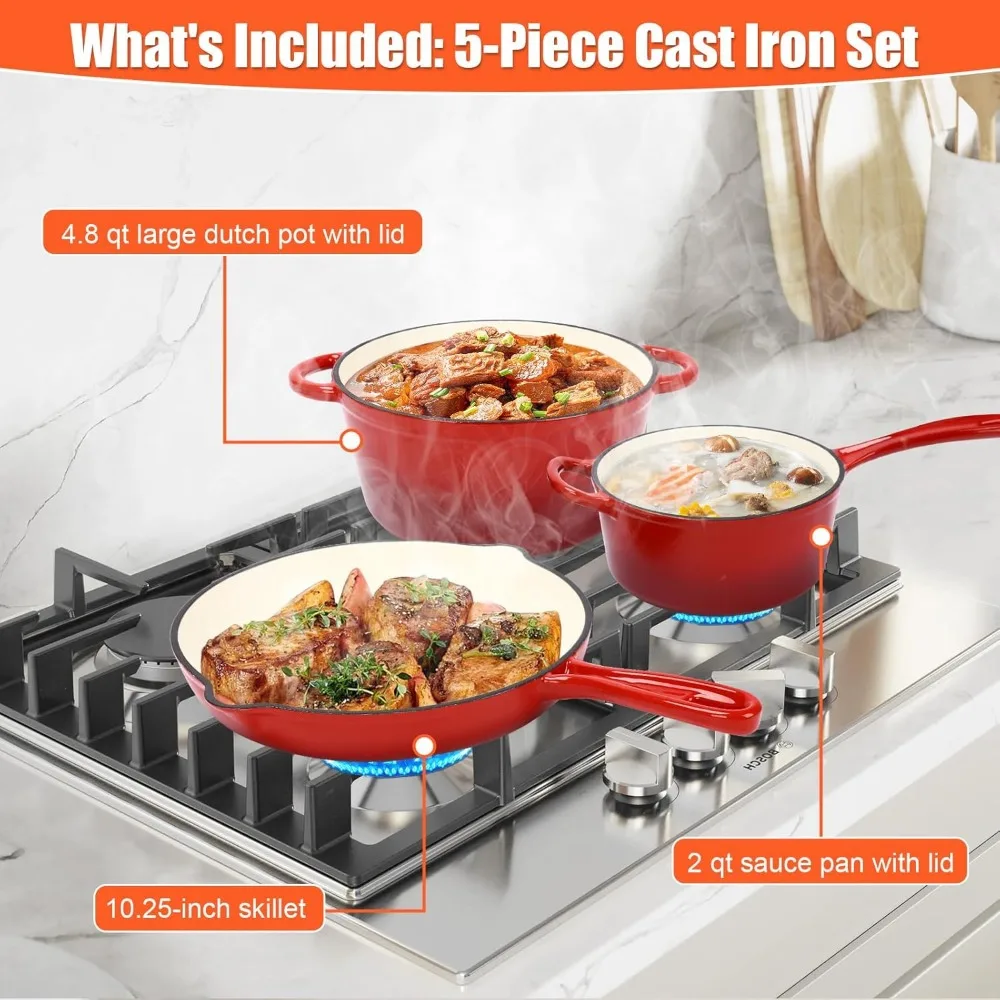Nonstick, Enameled Cast Iron Cookware Set- 5-Pcs- Frying Pan/Skillet (No Lid)- Saucepan with Lid- Healthy Round Dutch Oven with Lid - Image 2