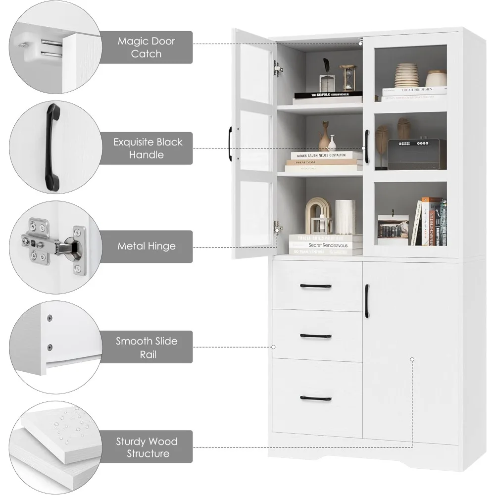 Tall Bathroom Storage Cabinet- Glass Display Doors and Shelves- 67” Tall Cabinet- 3 Drawers - Image 6