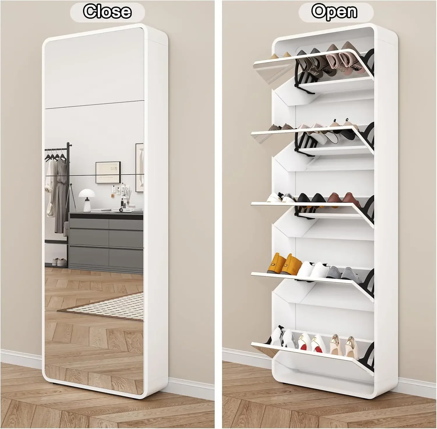 Mirror Shoe Cabinet- 5 FILP Drawers- Free-standing Shoe Rack - Image 6