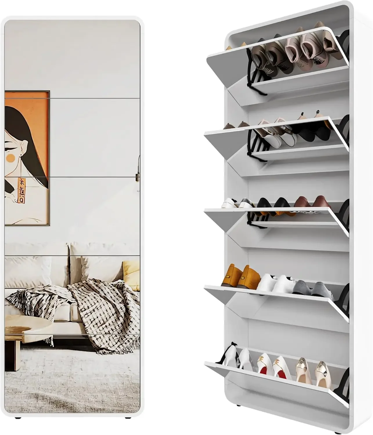 Mirror Shoe Cabinet- 5 FILP Drawers- Free-standing Shoe Rack - Image 3