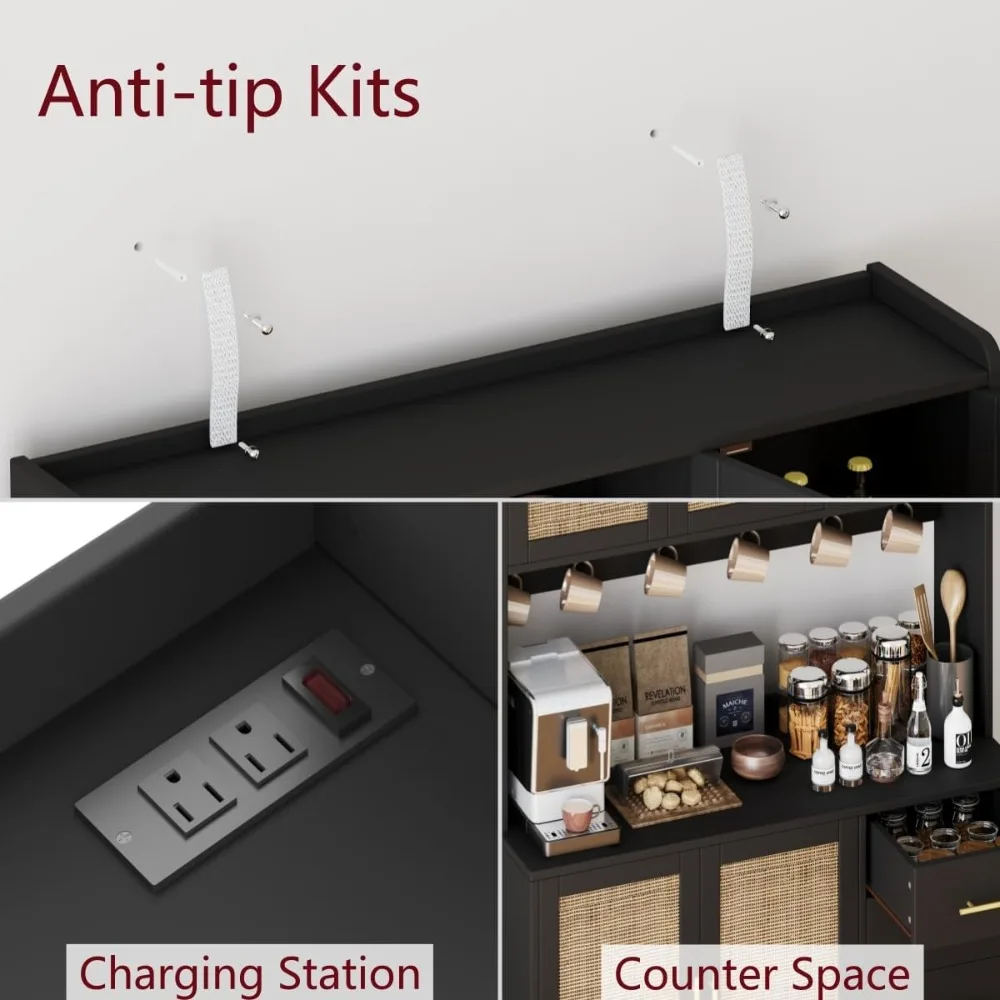 70.9" Kitchen Pantry/ Cabinet with Microwave Shelf- Rattan Freestanding Storage Cabinet with Charging Station- Natural, or Black and Natural - Image 4