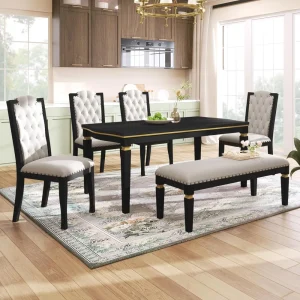 6-Piece Wood Dining Table Set- Rectangular with 4 High-Back Tufted Chairs+1 Bench