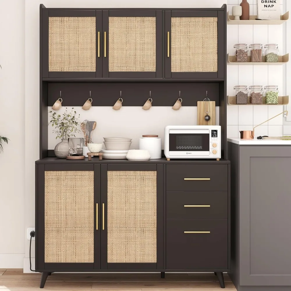 70.9" Kitchen Pantry/ Cabinet with Microwave Shelf- Rattan Freestanding Storage Cabinet with Charging Station- Natural, or Black and Natural - Image 5