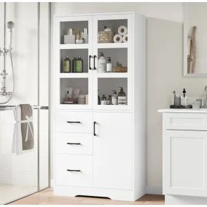 Tall Bathroom Storage Cabinet- Glass Display Doors and Shelves- 67” Tall Cabinet- 3 Drawers