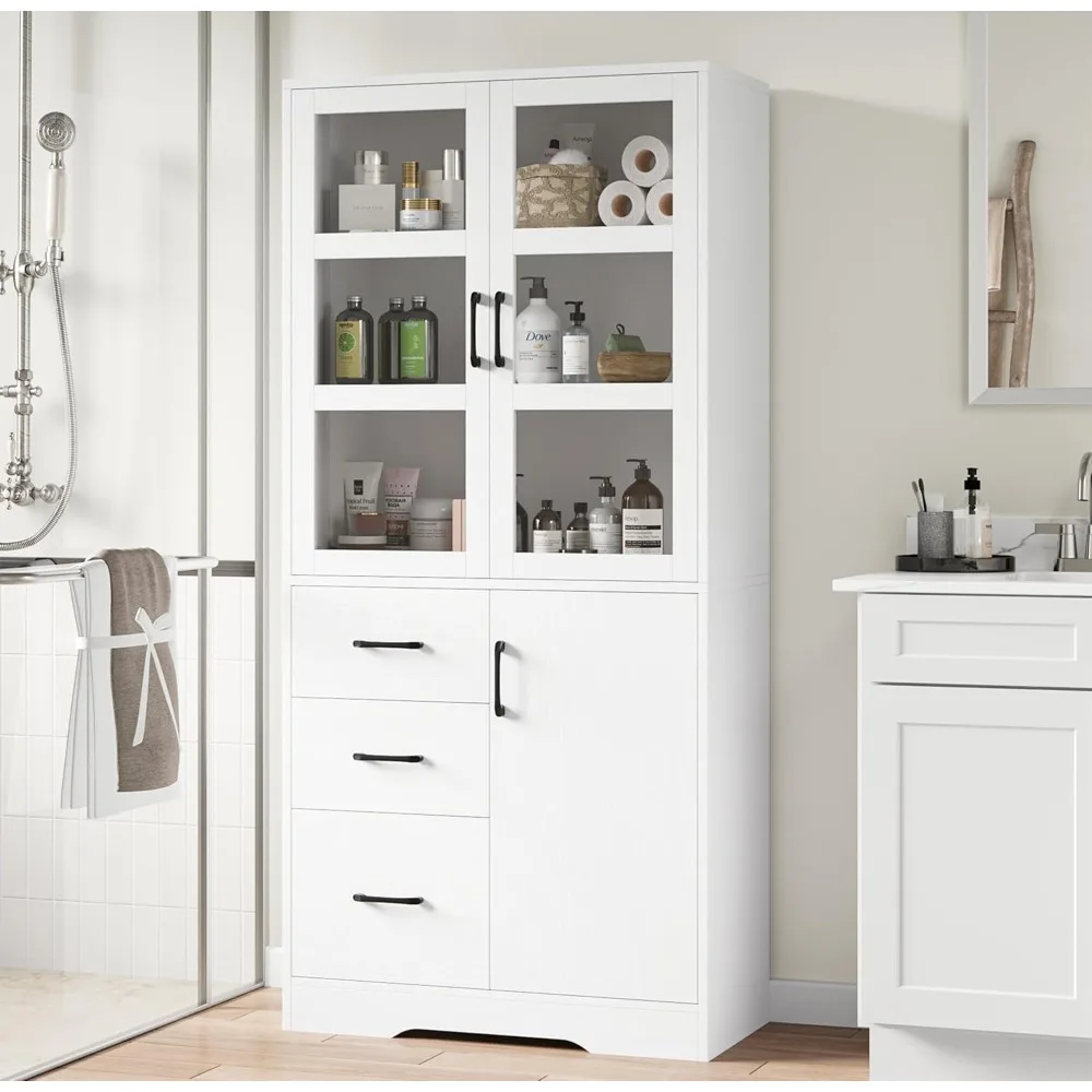 Tall Bathroom Storage Cabinet- Glass Display Doors and Shelves- 67” Tall Cabinet- 3 Drawers
