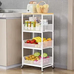 4-Tier Rolling Storage Cart- Wheels- Kitchen Fruit/ Vegetable Cart- Wood Top - Image 9