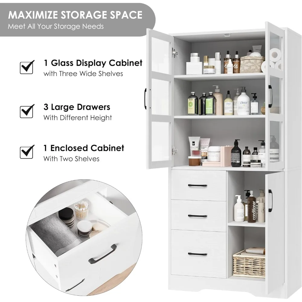 Tall Bathroom Storage Cabinet- Glass Display Doors and Shelves- 67” Tall Cabinet- 3 Drawers - Image 4