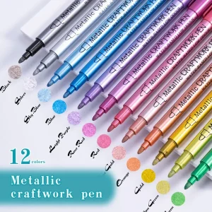 12 Colors Metallic Marker Pens- Paint Pens for Black Paper, Glass, Rock Painting, Scrapbook Album, etc.