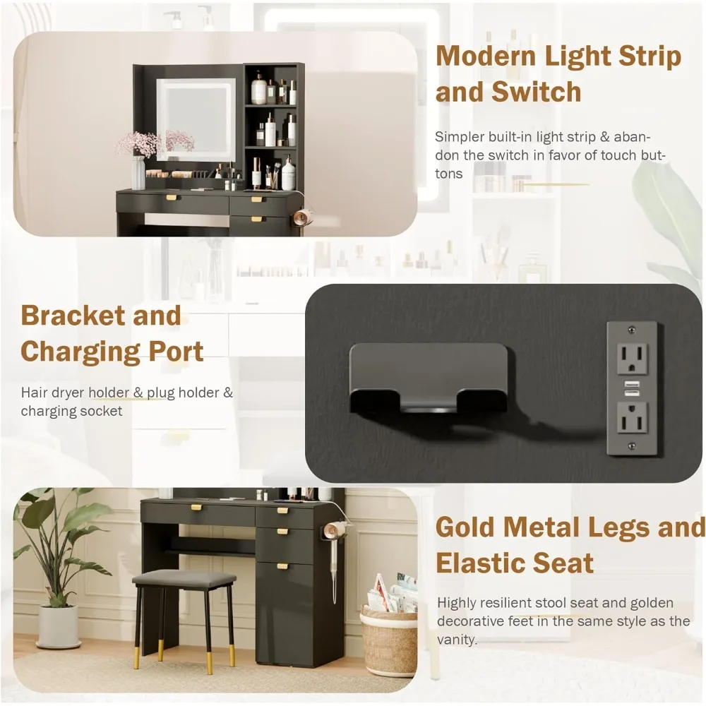 Small Wood Vanity with Mirror and Lights- White or Black- Stool - Image 6