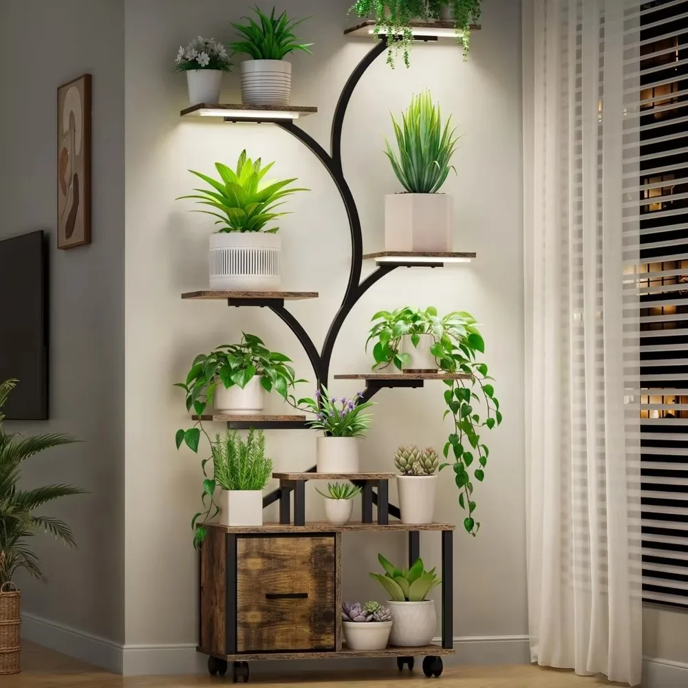 65" Indoor Plant Stand with Grow Lights- Metal Plant Stand- Wheels- Drawer- Home Decor