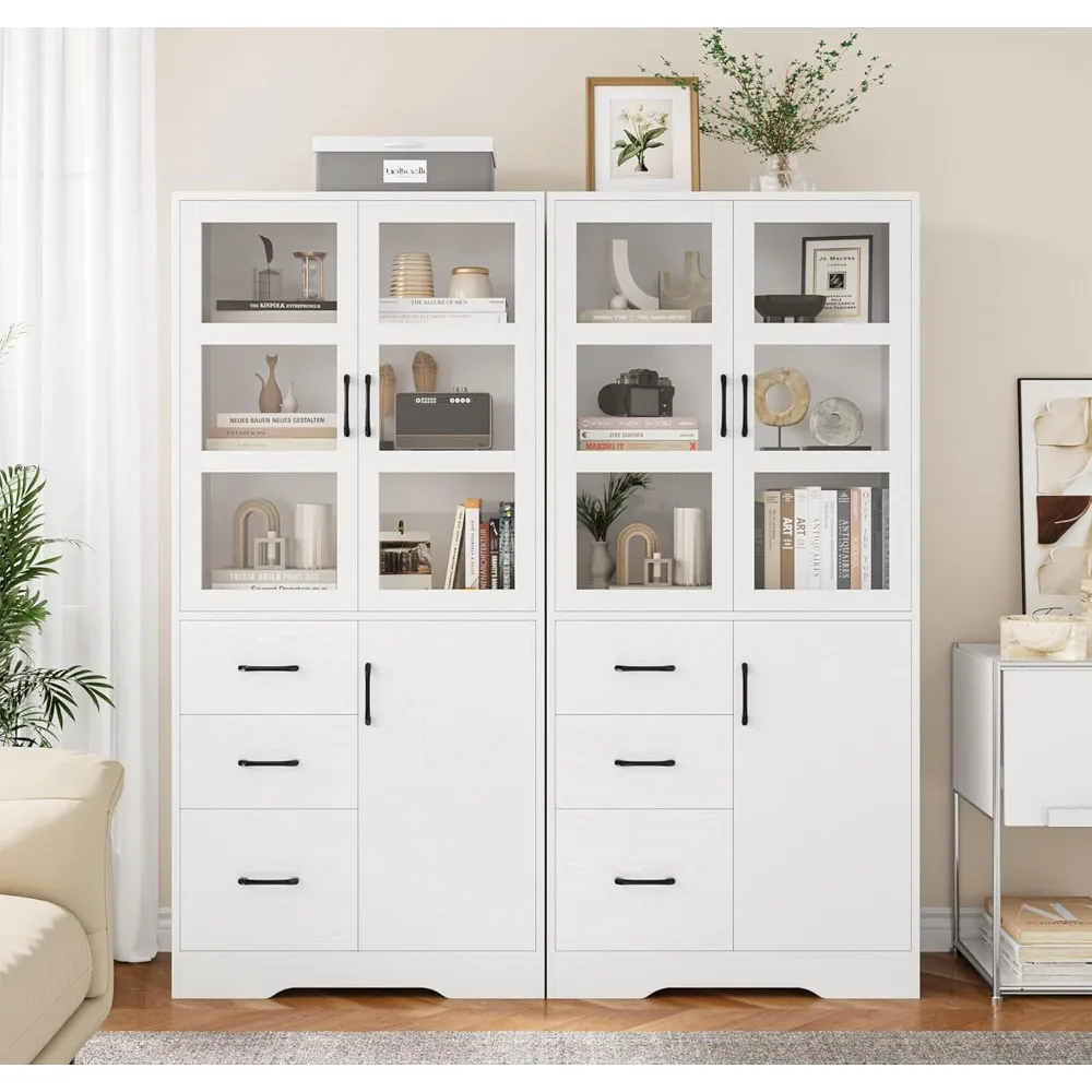 Tall Bathroom Storage Cabinet- Glass Display Doors and Shelves- 67” Tall Cabinet- 3 Drawers - Image 3