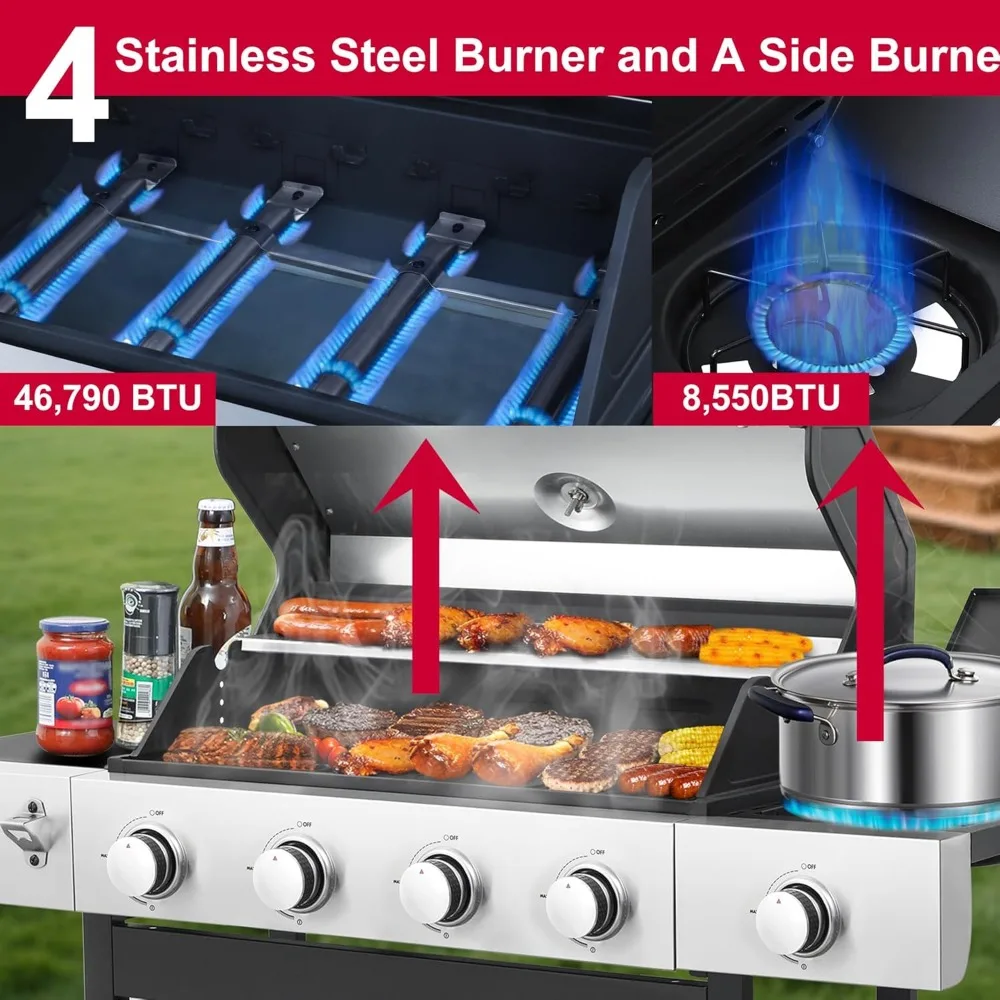 4-Burner BBQ Propane Grill- Side Table- 46,000 BTU Gas Grill- Porcelain-Enameled Grill - Image 6