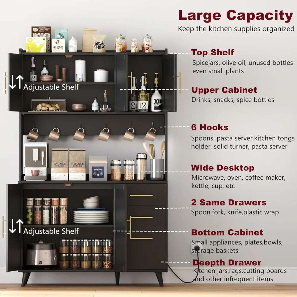 70.9" Kitchen Pantry/ Cabinet with Microwave Shelf- Rattan Freestanding Storage Cabinet with Charging Station- Natural, or Black and Natural - Image 3