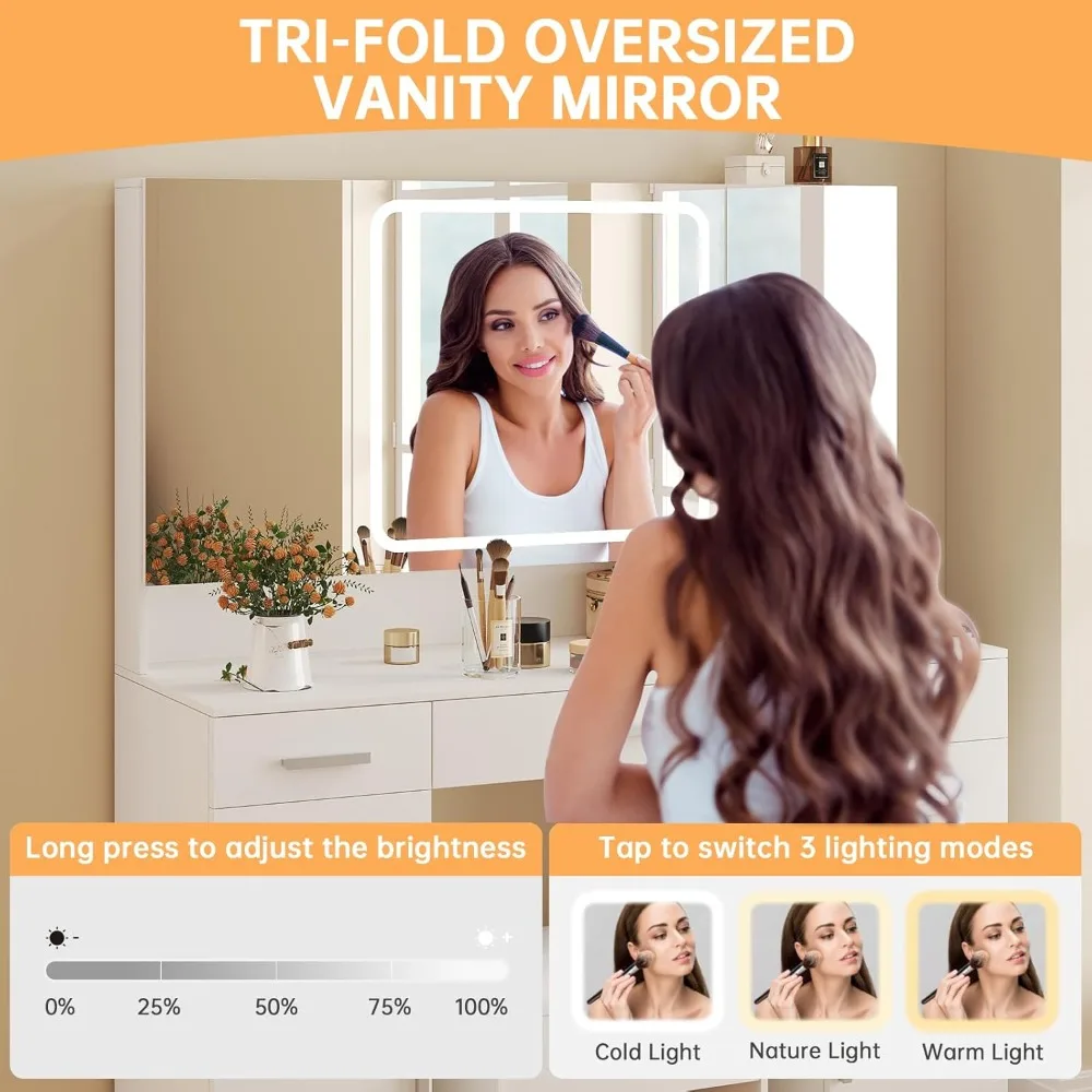 Vanity Desk with Mirror and Lights- 7 Drawers- Tri-Folding Mirror- 3 Colors Lighting- Stool with Storage - Image 4