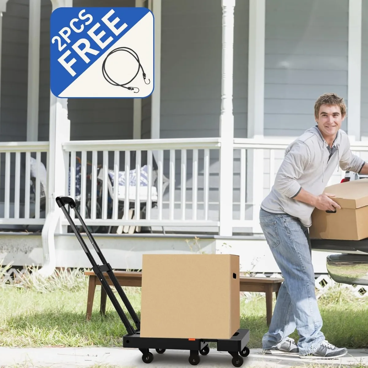 Folding Hand Truck- 500 LB Heavy-Duty Utility Cart- 6 Wheels & 2 Elastic Ropes to Secure Cargo - Image 4