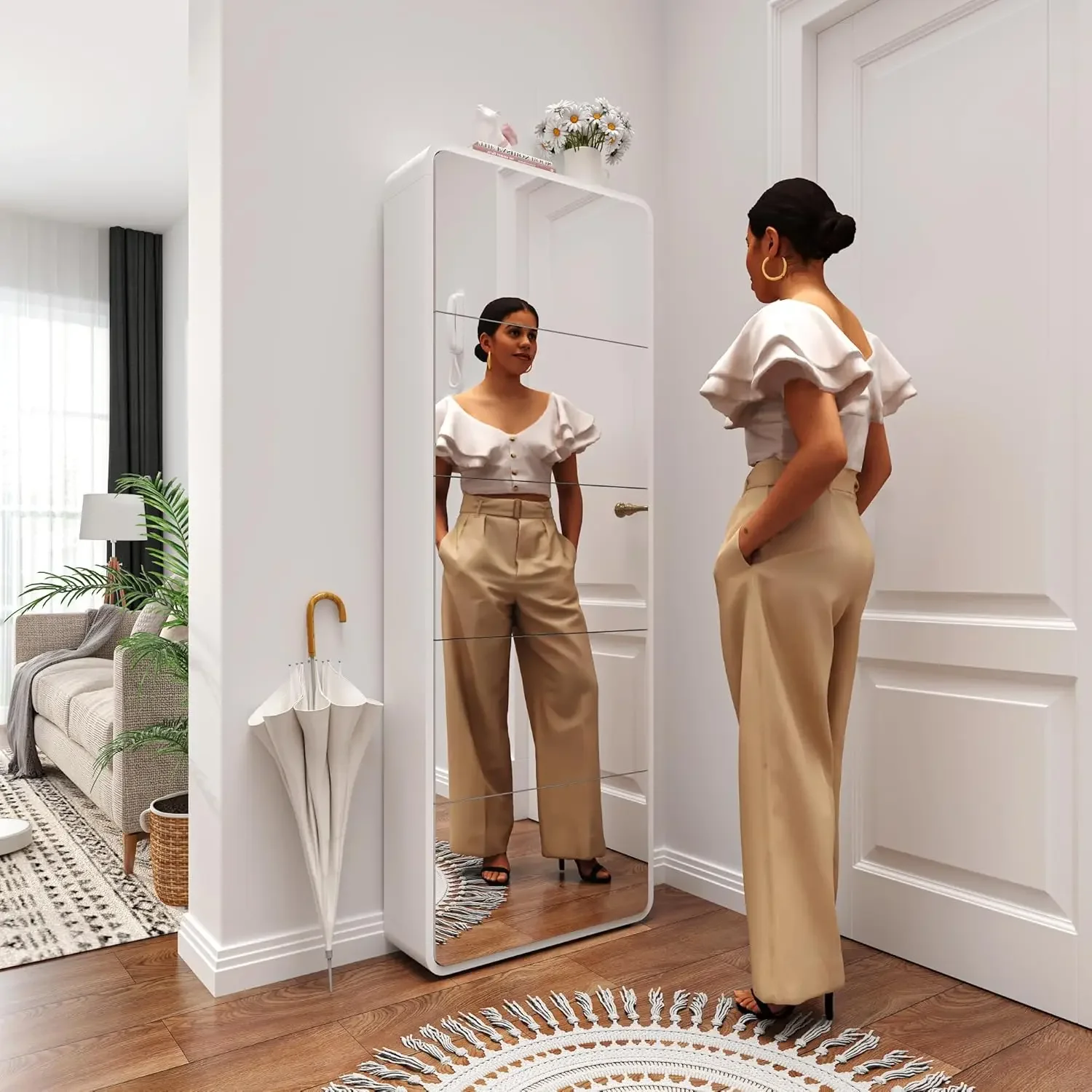 Mirror Shoe Cabinet- 5 FILP Drawers- Free-standing Shoe Rack - Image 4