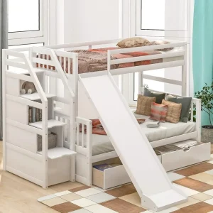 Solid Wood- Twin Over Full Bunk Bed Frame- Storage Drawers- Slide for Kids- No Box Spring Required- Grey or White
