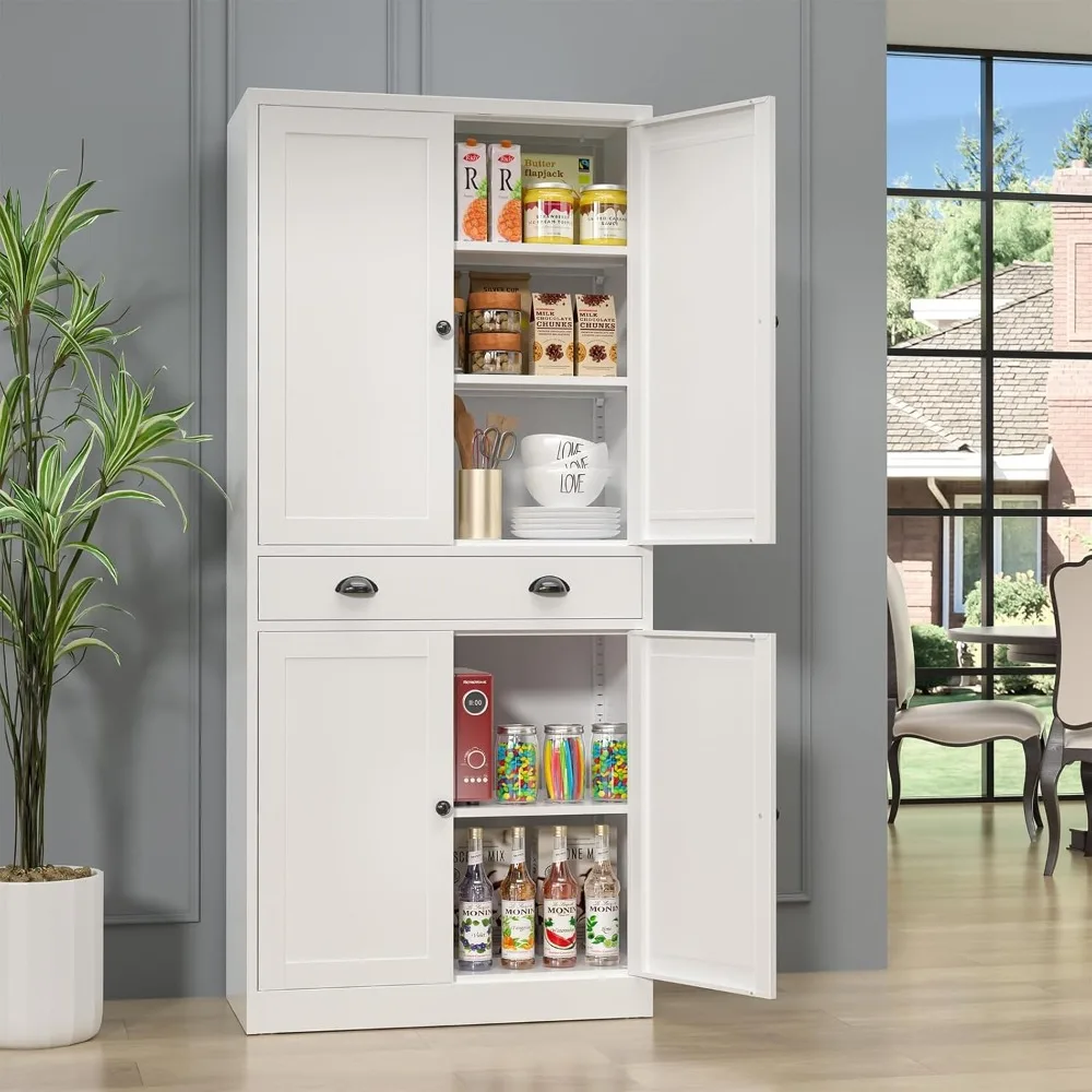 71” Food Pantry/ Storage Cabinet- White Metal Kitchen Cupboard with Doors and Adjustable Shelves - Image 3