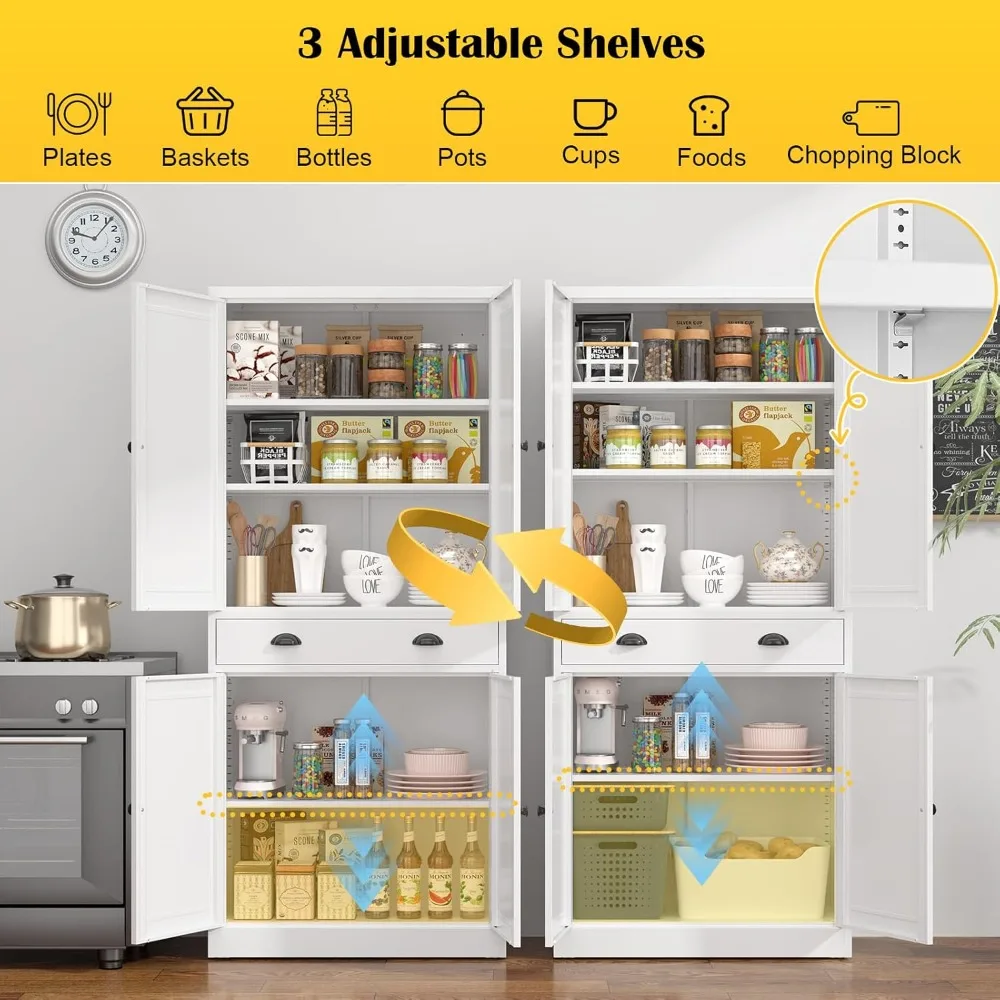 71” Food Pantry/ Storage Cabinet- White Metal Kitchen Cupboard with Doors and Adjustable Shelves - Image 5