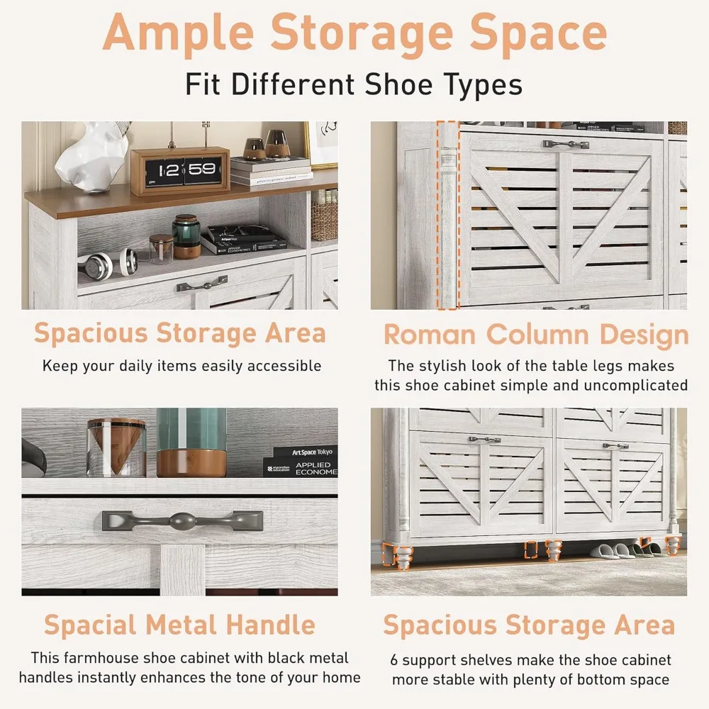 Large Shoe Cabinet with 4 Flip Drawers- Farmhouse Shoe Organizer- 2 Open Storage Shelves - Image 5