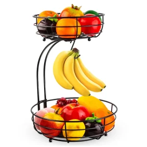 2-Tier Metal Fruit Basket with Banana Hanger, Black