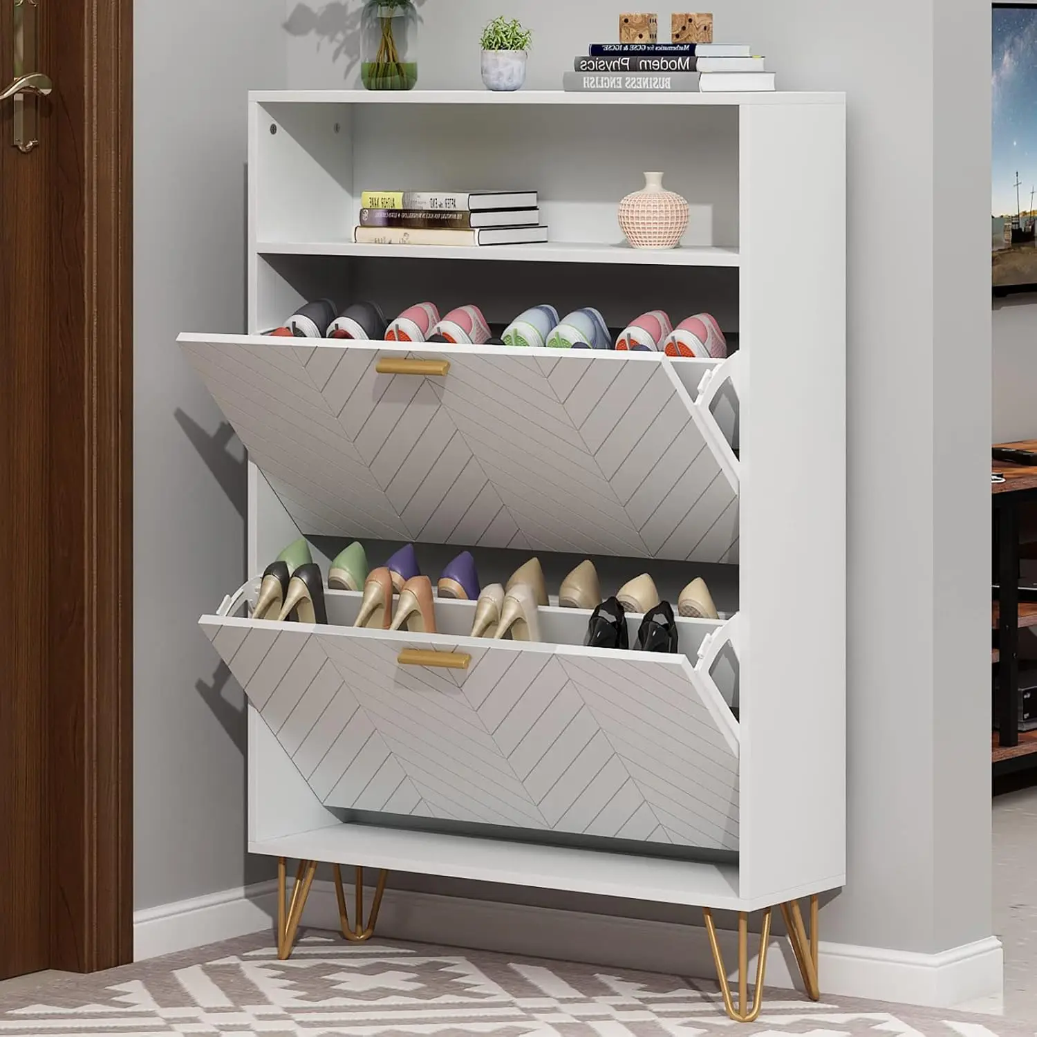 Shoe Storage Cabinet- Shoe Rack with Storage- Top Cubby- Narrow Hidden Organizer with Doors - Image 8