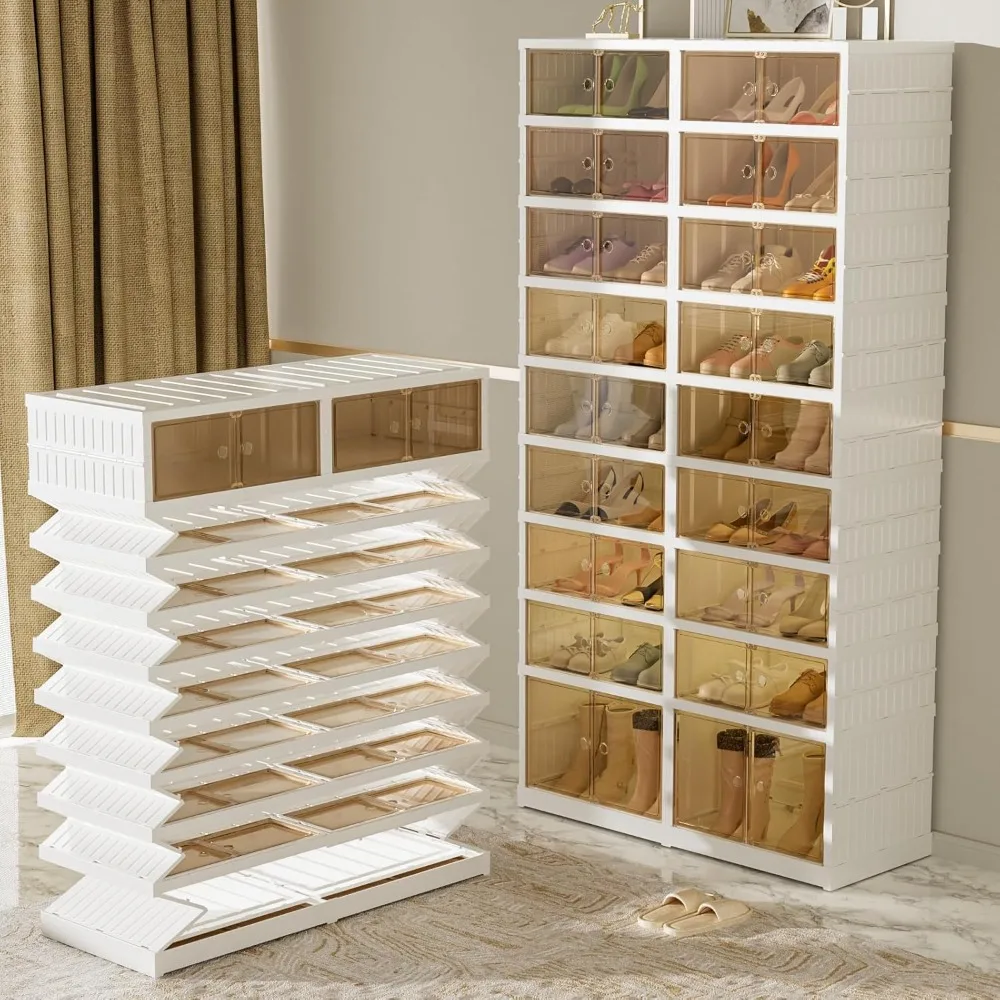 Shoe Storage Cabinet- Clear Plastic- Collapsible- Stackable- Storage Shoe Cabinet with Door - Image 6