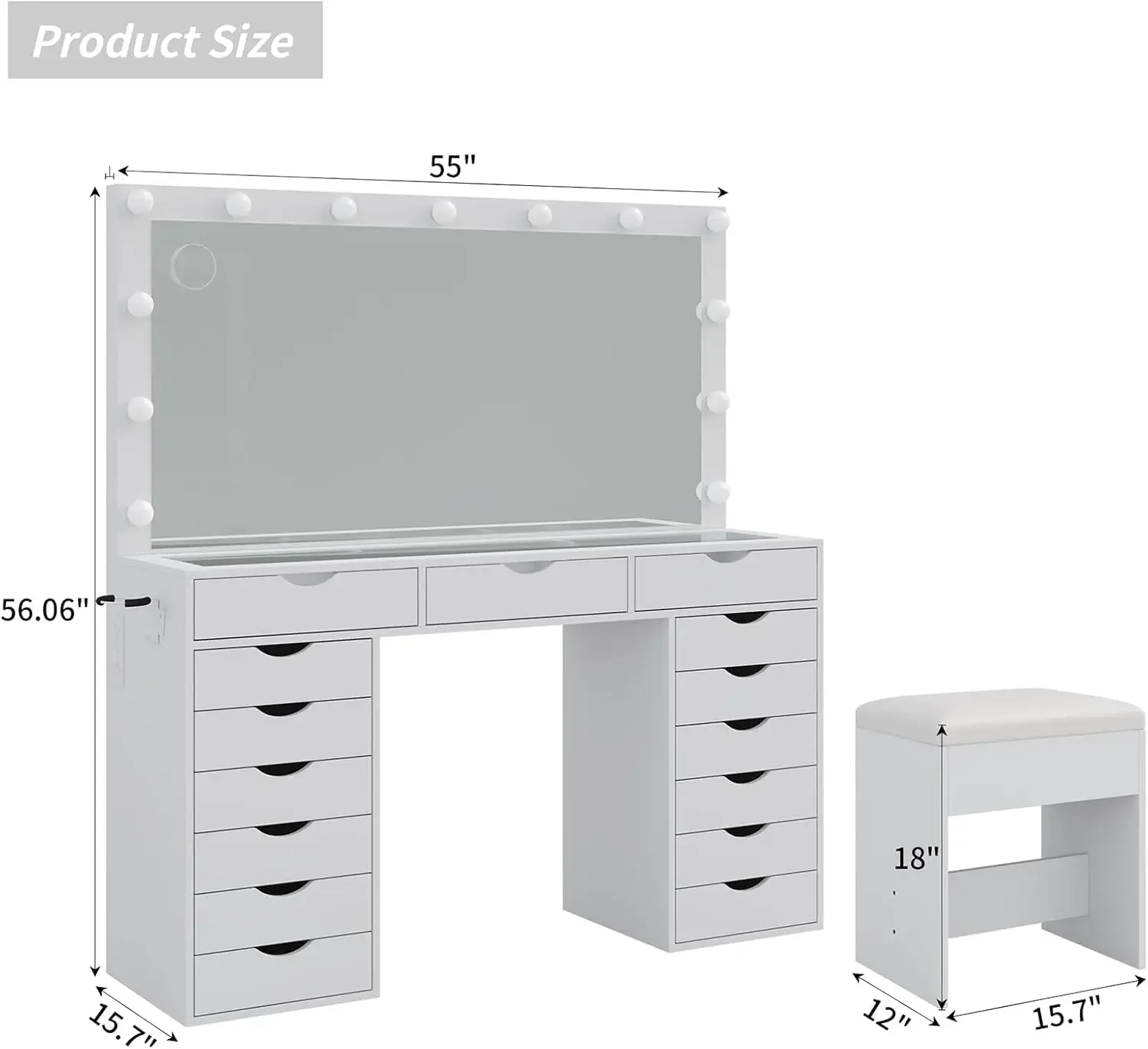 Vanity Desk with Mirror and Lights- Charging Station- 3-Color Lighting Modes- 15 Drawers and Stool - Image 2