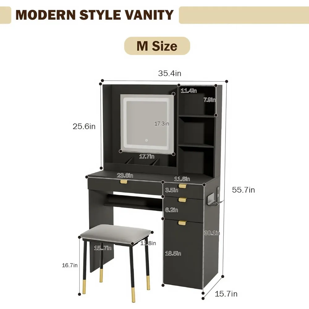 Small Wood Vanity with Mirror and Lights- White or Black- Stool - Image 2