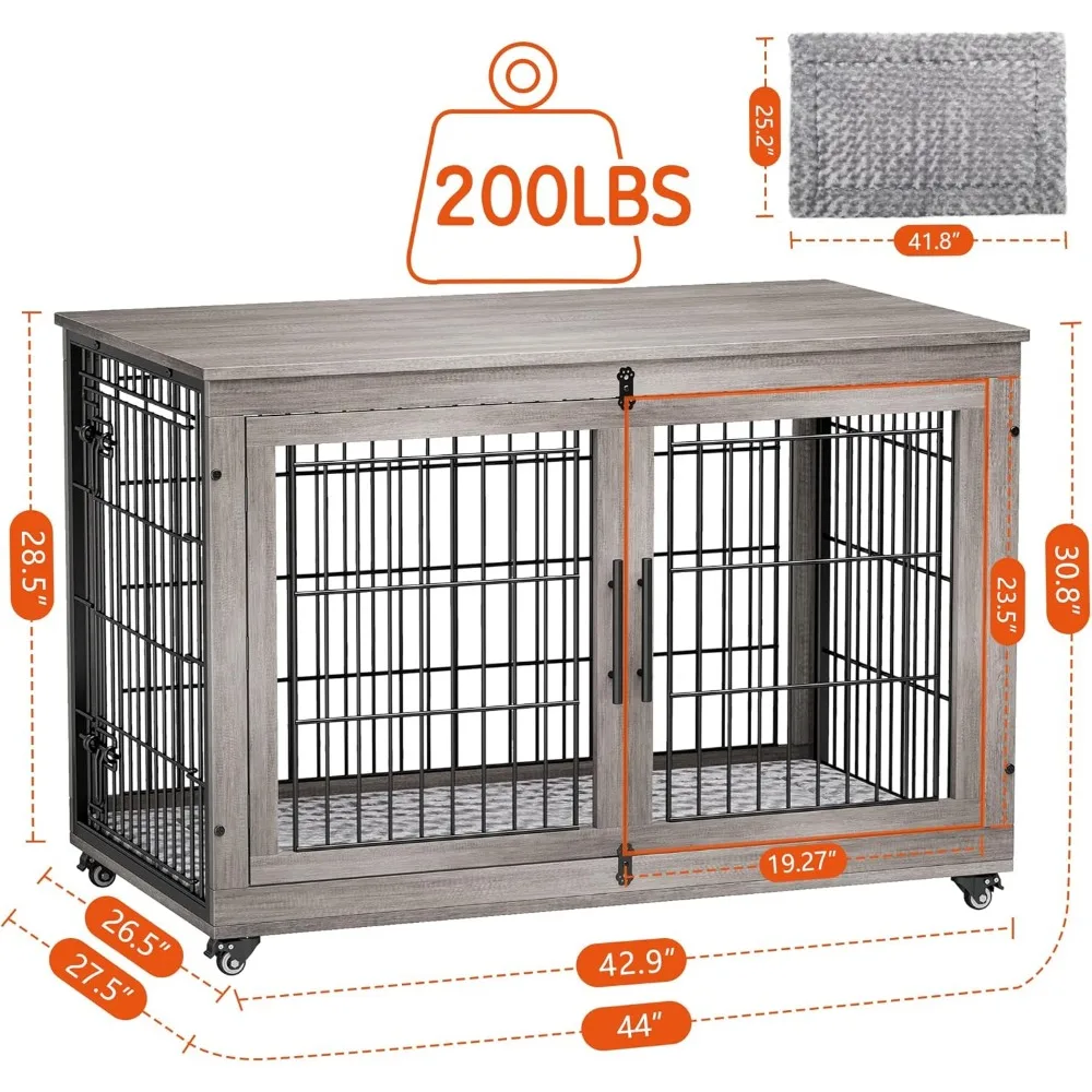 Dog Crate Furniture- XL Wooden Dog Kennel- Indoors- Double-Doors- 44'' Heavy-Duty Crate with Cushion & Wheels - Image 4