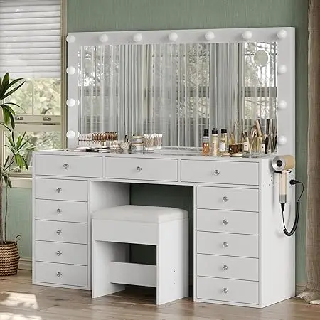 55'' W Makeup/ Vanity Desk- Power Outlet- Lighted Mirror-13-Drawers, Glass Top- 3 Lighting Modes - Image 7