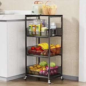 4-Tier Rolling Storage Cart- Wheels- Kitchen Fruit/ Vegetable Cart- Wood Top - Image 8