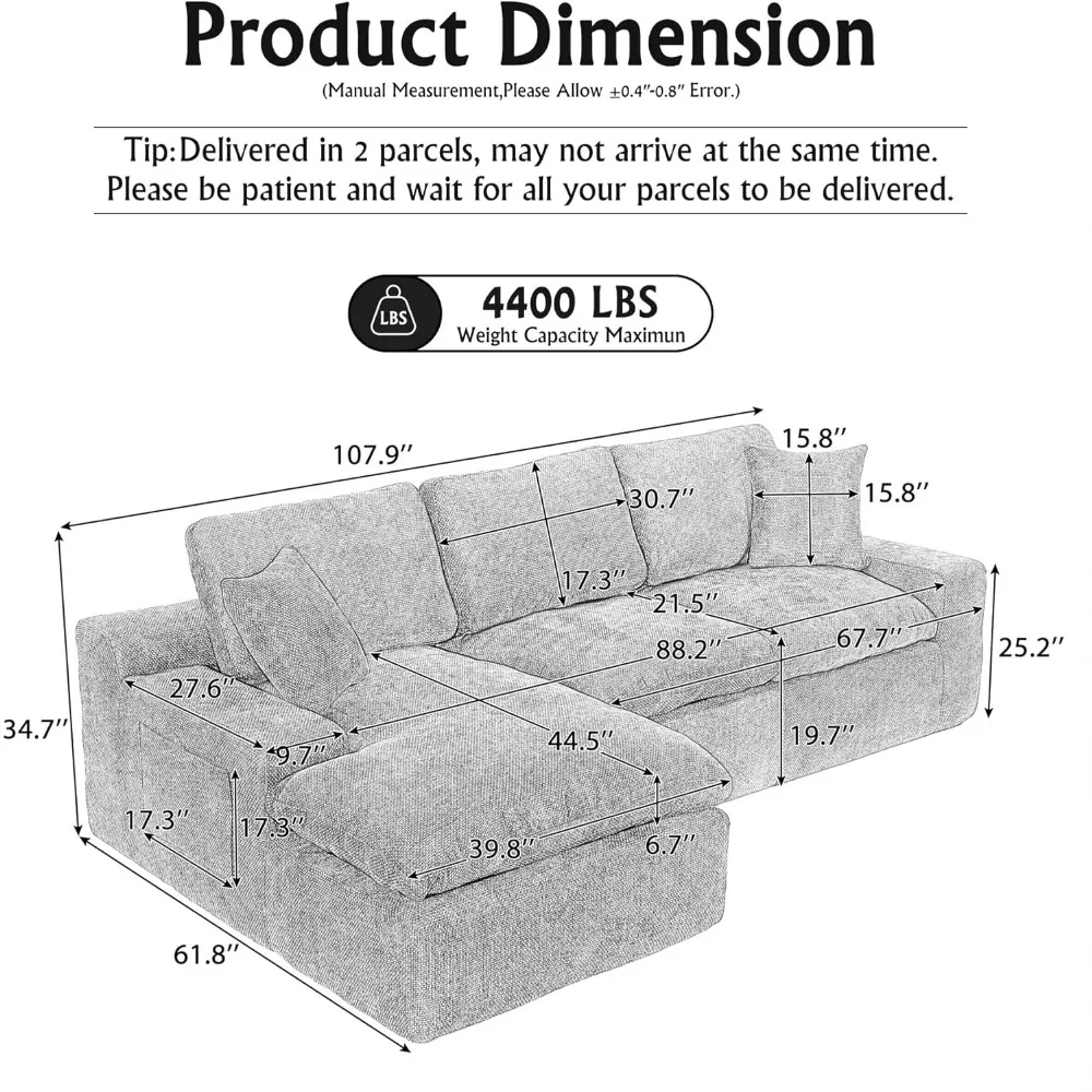 Cloud Modular, Sectional Couch- 107" L-Shape Chaise – Modern Deep Seat Sofa with Transformable Design for Living Room- 3 Colors - Image 4