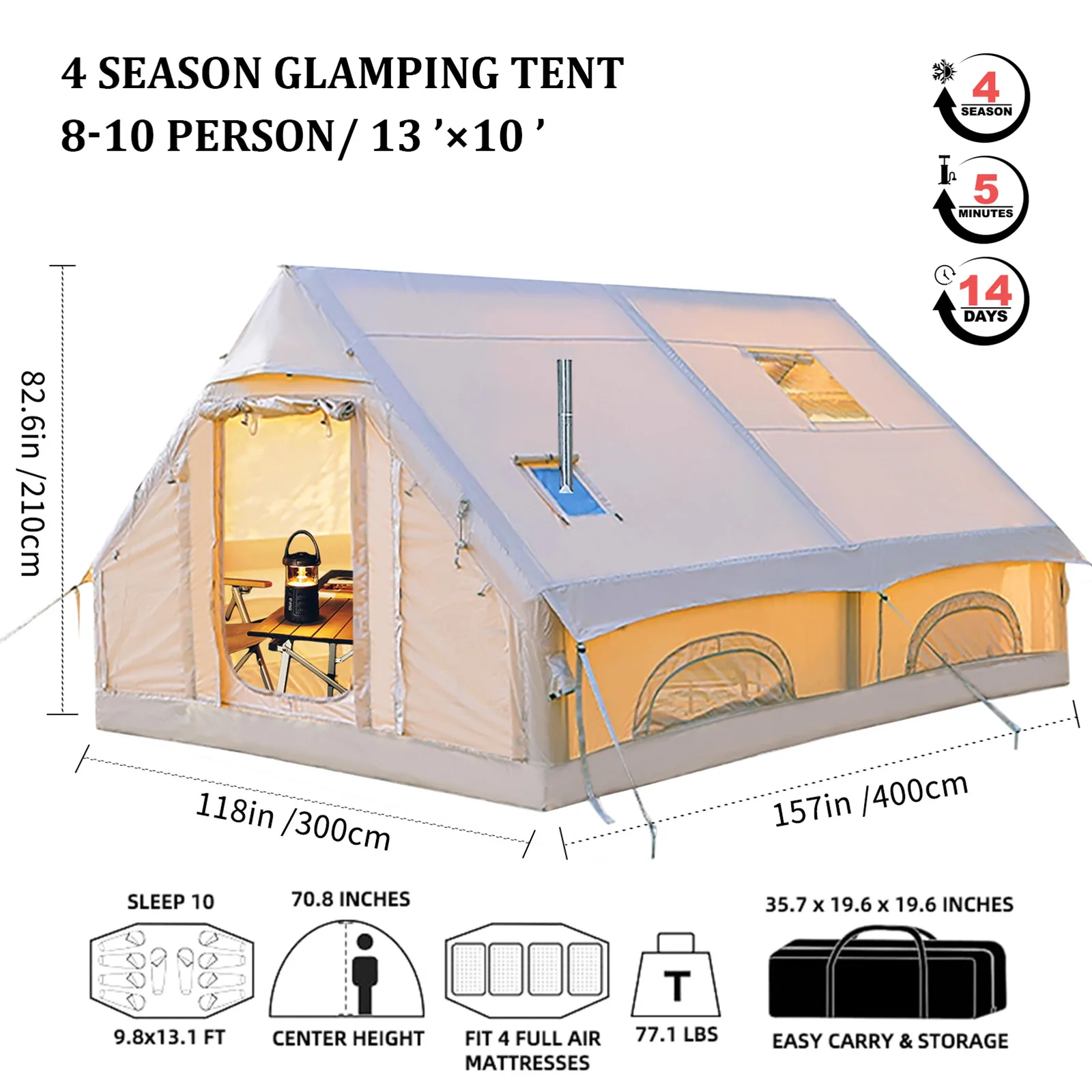 13' x 10' Inflatable Camping Tent- 8-10 Persons- 4 Season Blow up Tent- Waterproof- Chimney Hole- AC Port - Image 7