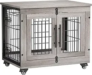 Dog Crate Furniture- XL Wooden Dog Kennel- Indoors- Double-Doors- 44'' Heavy-Duty Crate with Cushion & Wheels - Image 10