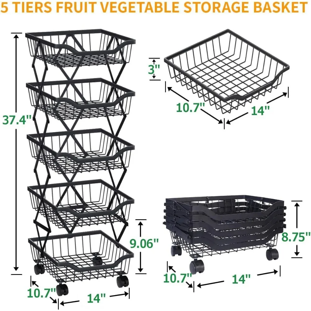 Fruit/ Vegetable Storage Baskets- 5-Tiers Stackable Metal Wire Basket- Kitchen Cart with Wheels - Image 5