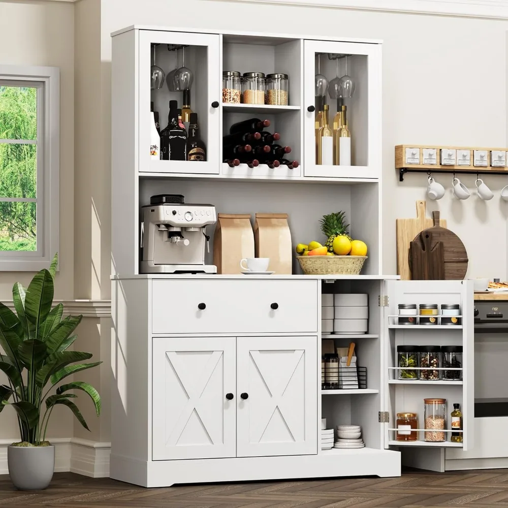 Kitchen Pantry/ Storage Cabinet- Microwave Stand- Coffee Bar Cabinet with Wine Rack- Glass Holder
