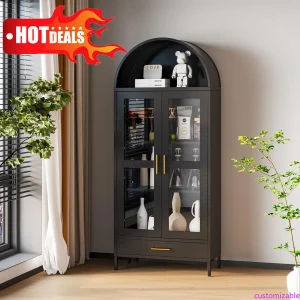 73-Inch Tall Metal Arched Cabinet- Arched Display Pantry Cabinet- Glass Door- Living Room, Bedroom- Black