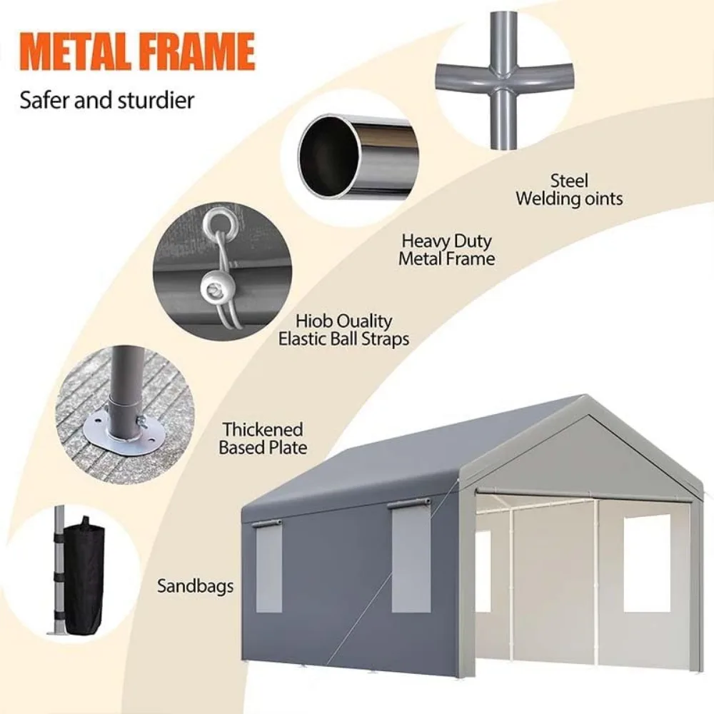 10x20 ft Grey, Heavy-duty Carport with Roll-up Windows- Portable Garage with Removable Side Walls & Doors - Image 4