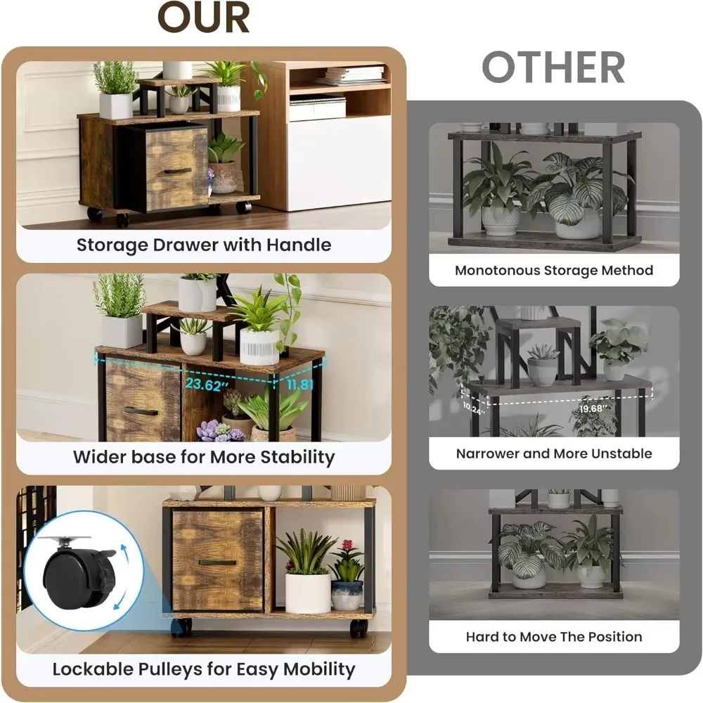 65" Indoor Plant Stand with Grow Lights- Metal Plant Stand- Wheels- Drawer- Home Decor - Image 6