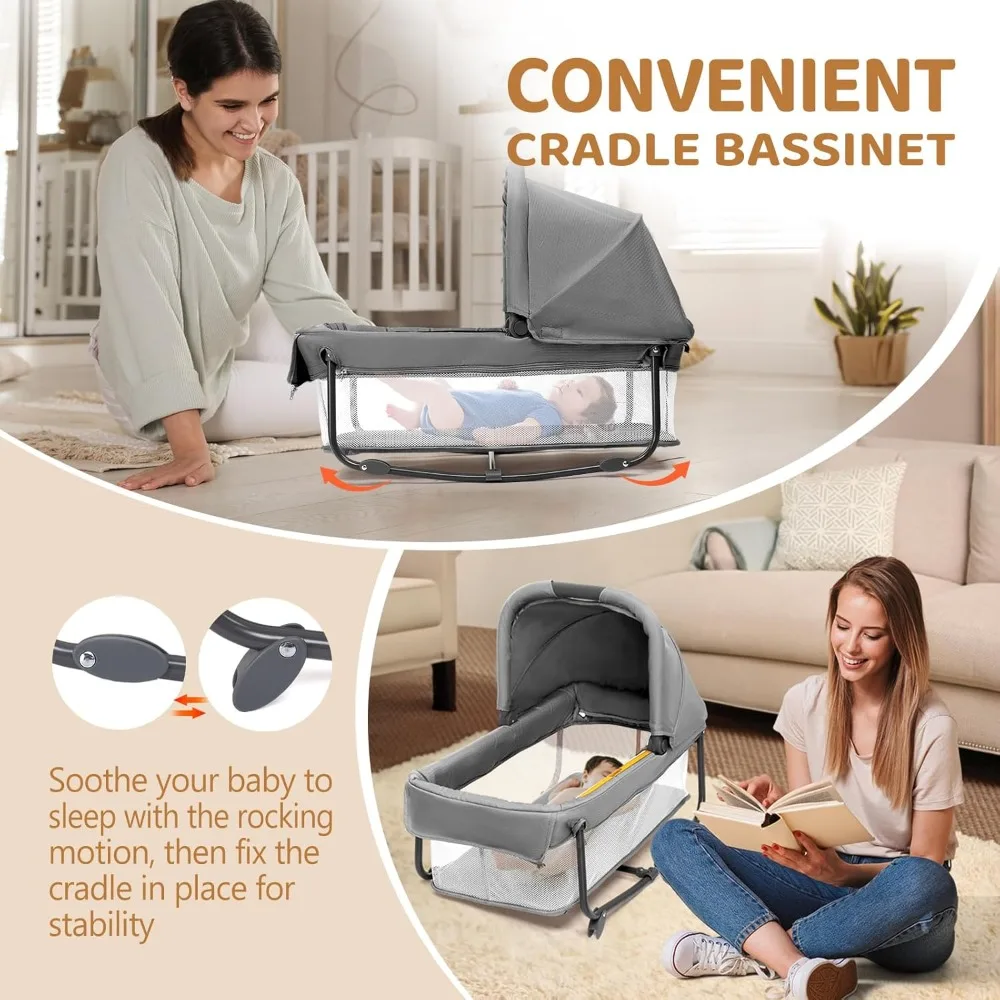Twin Bedside Bassinet for Babies- Convertible to Bedside Sleeper and Playpen- Wheel- Brake- Foldable Side Sleeper - Image 4