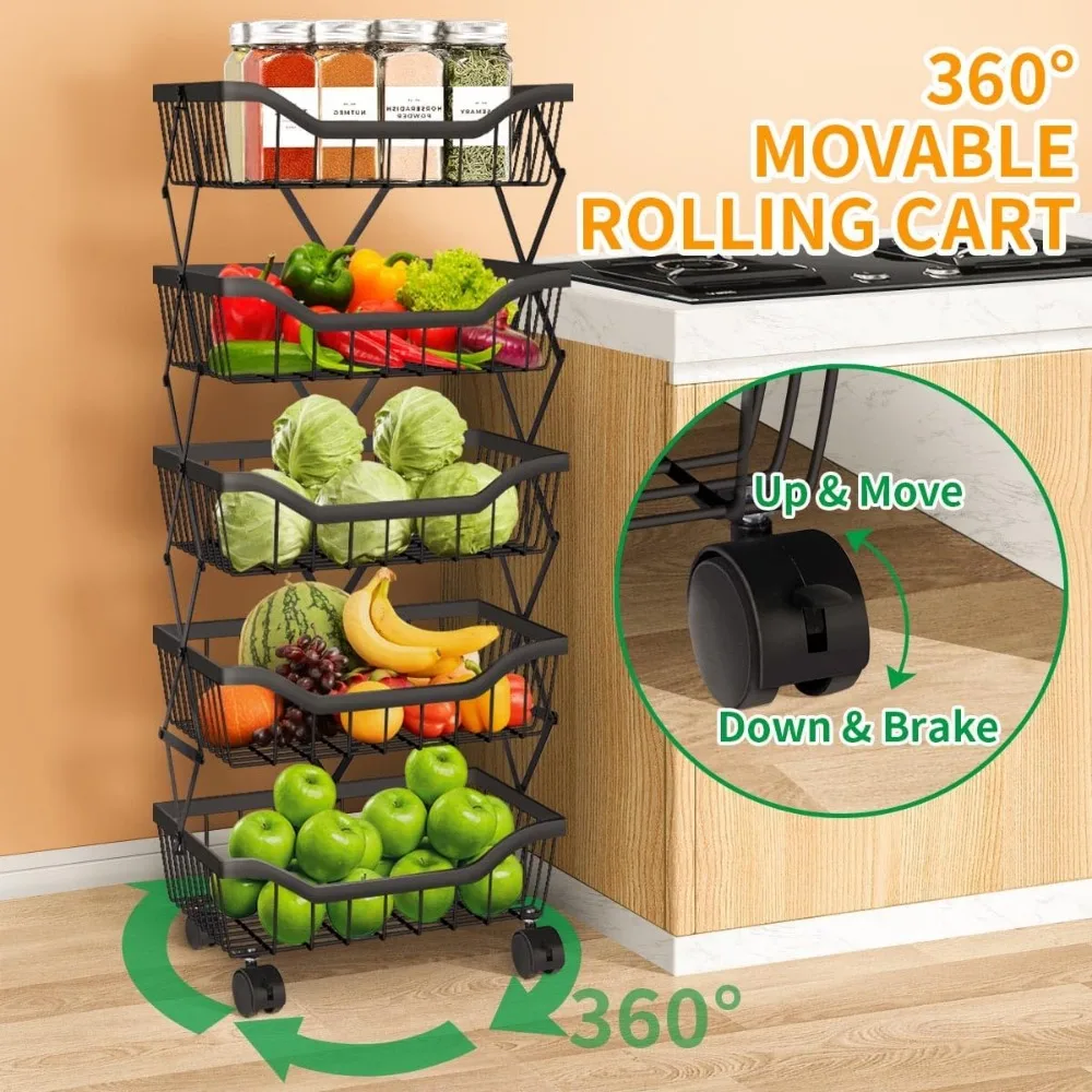 Fruit/ Vegetable Storage Baskets- 5-Tiers Stackable Metal Wire Basket- Kitchen Cart with Wheels - Image 2