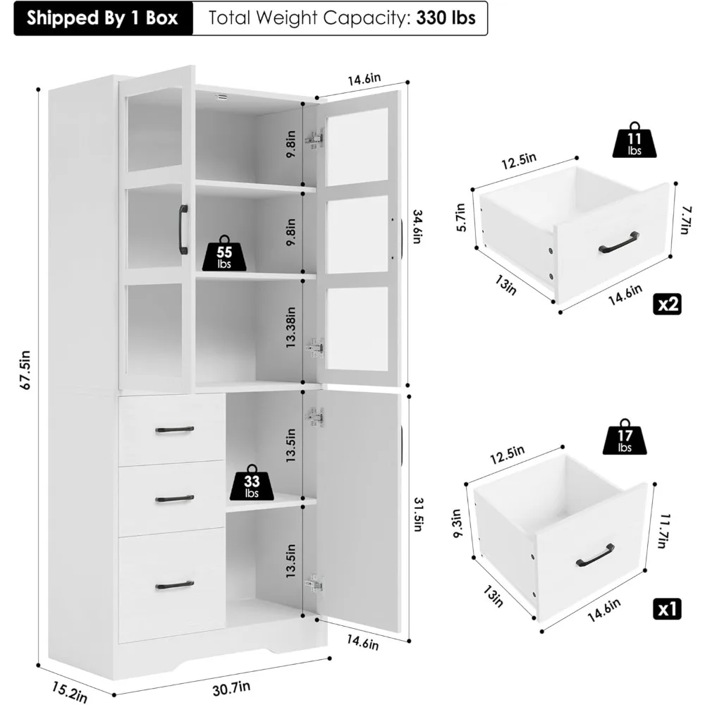 Tall Bathroom Storage Cabinet- Glass Display Doors and Shelves- 67” Tall Cabinet- 3 Drawers - Image 2