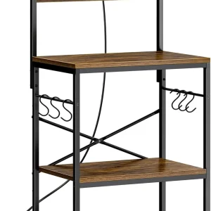 Kitchen Bakers Rack- Power Outlet- Coffee Bar Table- 4 Tiers- Kitchen Microwave Stand with 6 S-shaped Hooks, Kitchen Storage