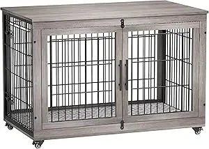 Dog Crate Furniture- XL Wooden Dog Kennel- Indoors- Double-Doors- 44'' Heavy-Duty Crate with Cushion & Wheels - Image 9